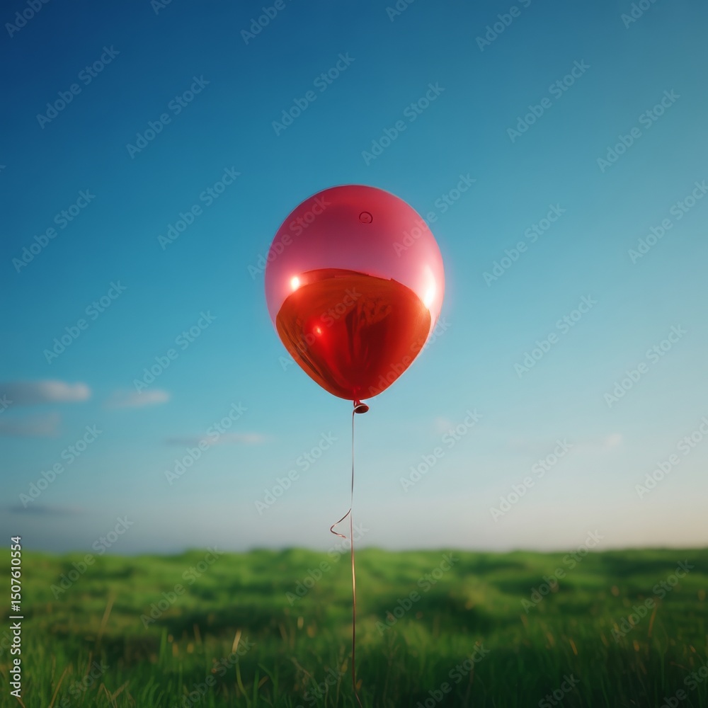 Fototapeta premium Single Red Helium Balloon in a Sunny Daytime Sky – A Joyful Outdoor Celebration of Childhood Freedom and Simplicity 