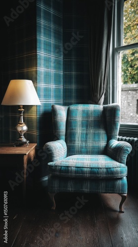 Cozy Plaid Armchair Beside Warm Lamp in a Tranquil Indoor Space During the Af...