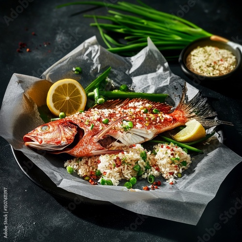 Freshly Prepared Fish With Herbs and Rice Served on a Dark Plate With Garnishes