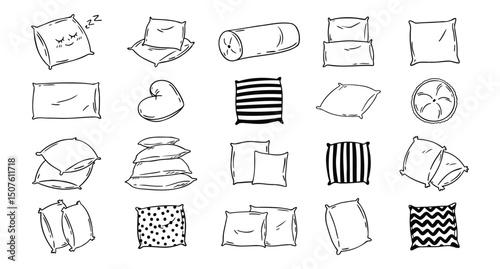 Doodle drawing pillow set. Soft pillow for sleep, outline hand drawn pillows. Rest bedroom decoration. Hand drawn cozy pillows for bed and sofa