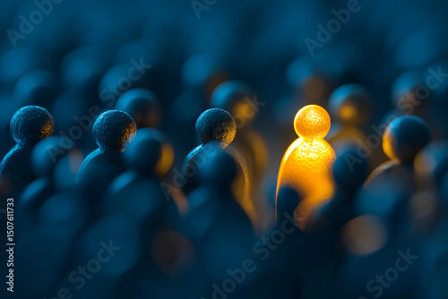 Unique figure stands out among many in a darkened environment with a warm glow