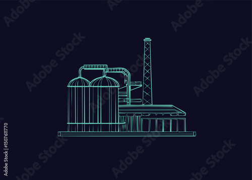 Dark illustration of neon factory with pipes; chimneys and industrial objects; buildings.