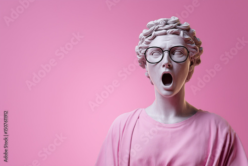 Screaming and surprised statue of a Greek goddess wearing glasses and a pink t-shirt on a pink background. 