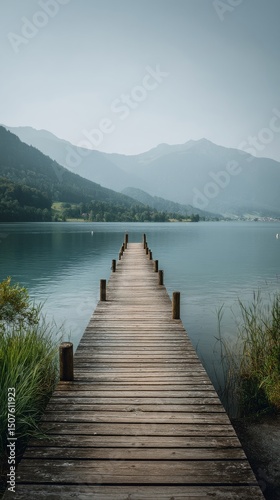 Tranquil Wooden Pier Stretching Into Calm Lake With Mountains in the Backgrou...