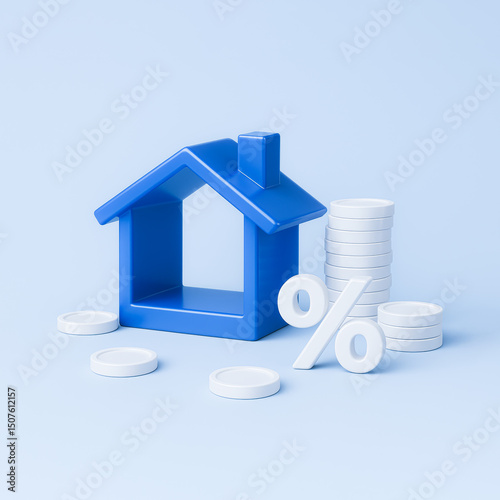 3D Render of Blue House with Coins and Percentage Symbol – Mortgage & Property Investment Concept