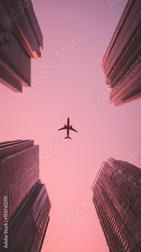 Airplane Flying Between Skyscrapers at Dusk With a Pink Sky in an Urban Setting