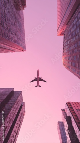 Airplane Flying Between Skyscrapers at Dusk With a Pink Sky in an Urban Setting