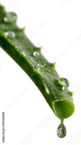 Fresh Aloe Vera Leaf With Water Droplets Captured in Natural Light on White B...