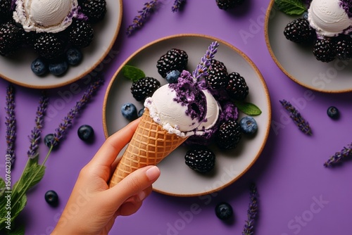Delicious Purple Ice Cream Served With Fresh Blackberries on a Colorful Table