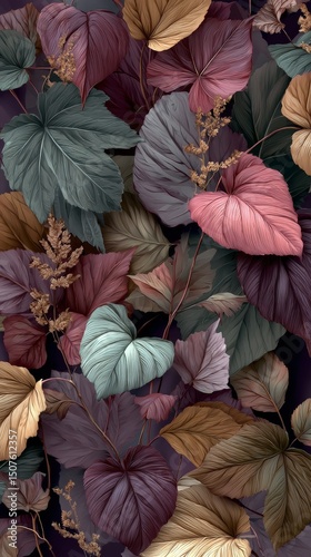Colorful Autumn Leaves Overlapping in Various Shades on a Dark Background Dur...
