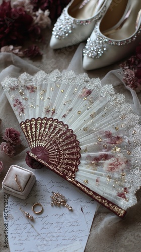 Exquisite Wedding Accessories on Display With Elegant Fan, Shoes, and Jewelry...