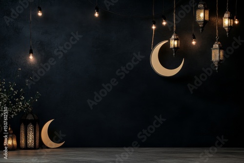 Decorative Crescent Moons and Lanterns Create a Serene Atmosphere in an Indoo...