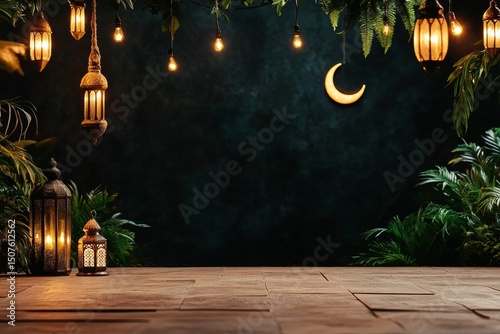 Decorative Crescent Moons and Lanterns Create a Serene Atmosphere in an Indoo...