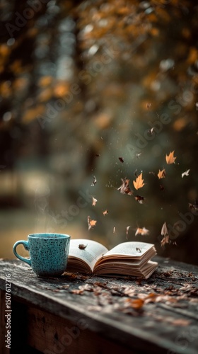 Autumn Leaves Swirl Around Open Book and Steaming Cup of Coffee on Rustic Woo...