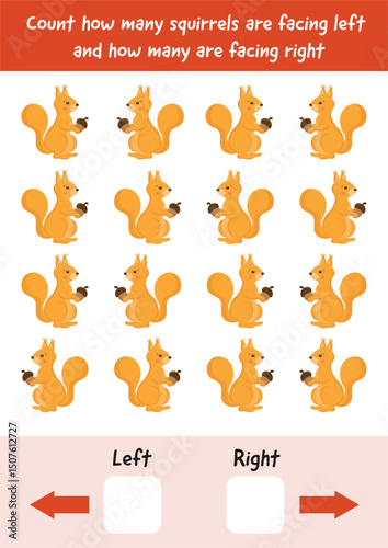 Learning left and right. Preschool kindergarten educational page for children. Learning, early development game. Find the correct shadows, logical activities for kids. Printable Worksheets.