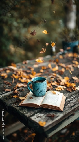 Warm Coffee and Open Book Surrounded by Autumn Leaves on a Rustic Wooden Tabl...