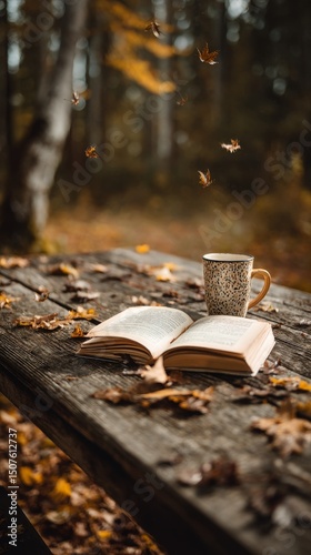 Autumn Leaves Swirl Around Open Book and Steaming Cup of Coffee on Rustic Woo...