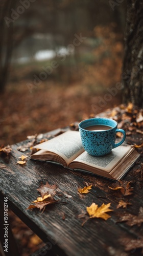 Warm Coffee and Open Book Surrounded by Autumn Leaves on a Rustic Wooden Tabl...