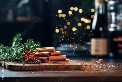 Cinnamon Sticks and Star Anise Arranged on a Wooden Table in a Cozy, Warm Atm...