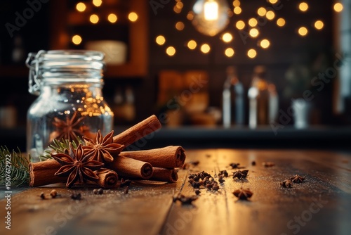 Cinnamon Sticks and Star Anise Arranged on a Wooden Table in a Cozy, Warm Atm...