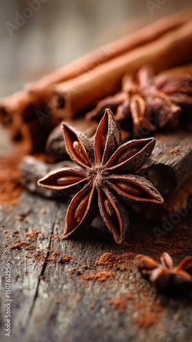 Spices on Wooden Surface Featuring Star Anise, Cardamom Pods, and Cinnamon St...