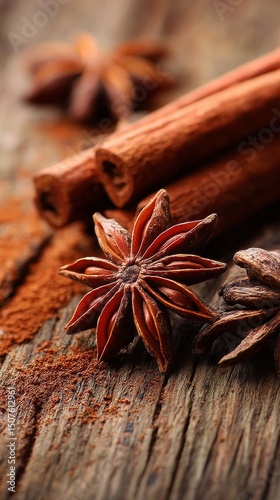 Spices Arranged on Rustic Wood Surface Showing Cinnamon Sticks and Star Anise...