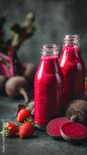 Refreshing Beet and Strawberry Juice Served in Glass Bottles on a Rustic Wood...