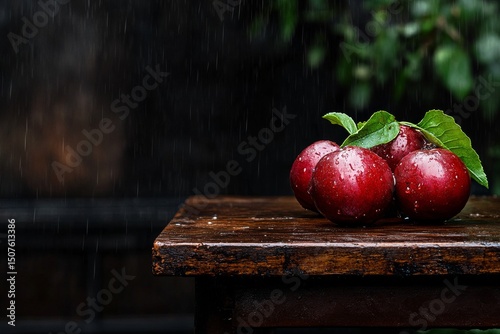 Fresh Red Plums With Droplets Resting on Wooden Table in Rainy Atmosphere