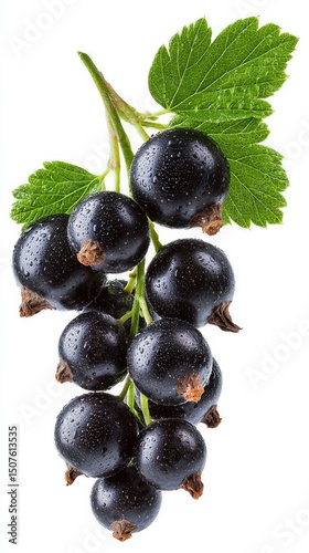 Clusters of Fresh Black Currants With Green Leaves on a White Background