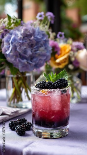Refreshing Cocktail With Blackberries and Lilacs in a Vibrant Setting
