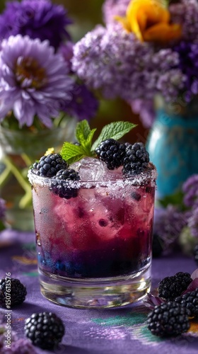 Blackberry Cocktail Garnished With Mint and Ice in a Vibrant Floral Setting D...