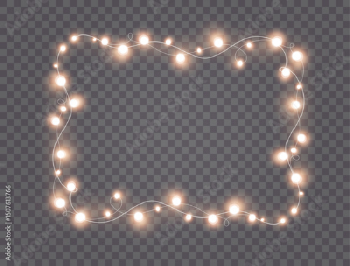 Lights bulbs frame isolated on transparent background. Glowing fairy Christmas garland string. Vector New Year party led lamps decoration border