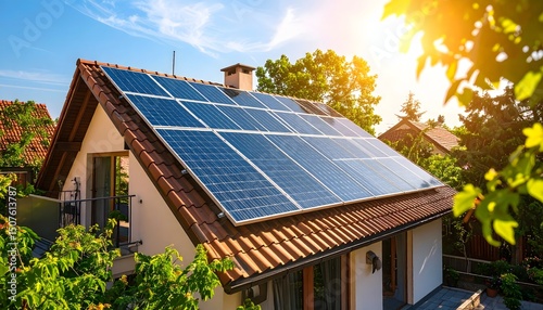 Solar panels on the roof of a house on a sunny day, harnessing solar energy