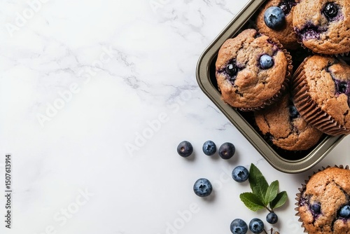 Freshly Baked Blueberry Muffins Arranged in a Metal Tray With Fresh Blueberri...