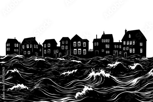 Coastal town affected by tides, vector illustration
