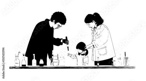 Community members testing water quality, black vector graphic