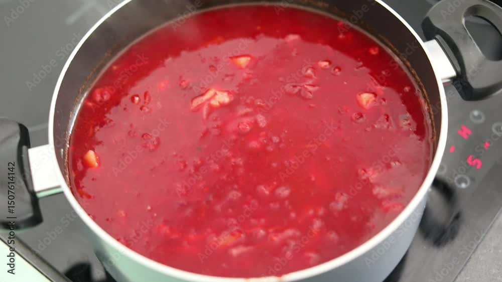 Boiling beet soup in pot on stove