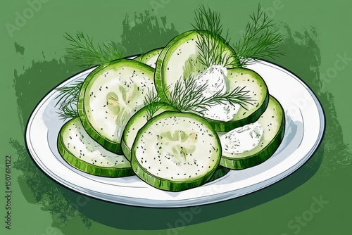 Freshly Sliced Cucumbers With Dill and Spices on a White Plate Against a Gree...