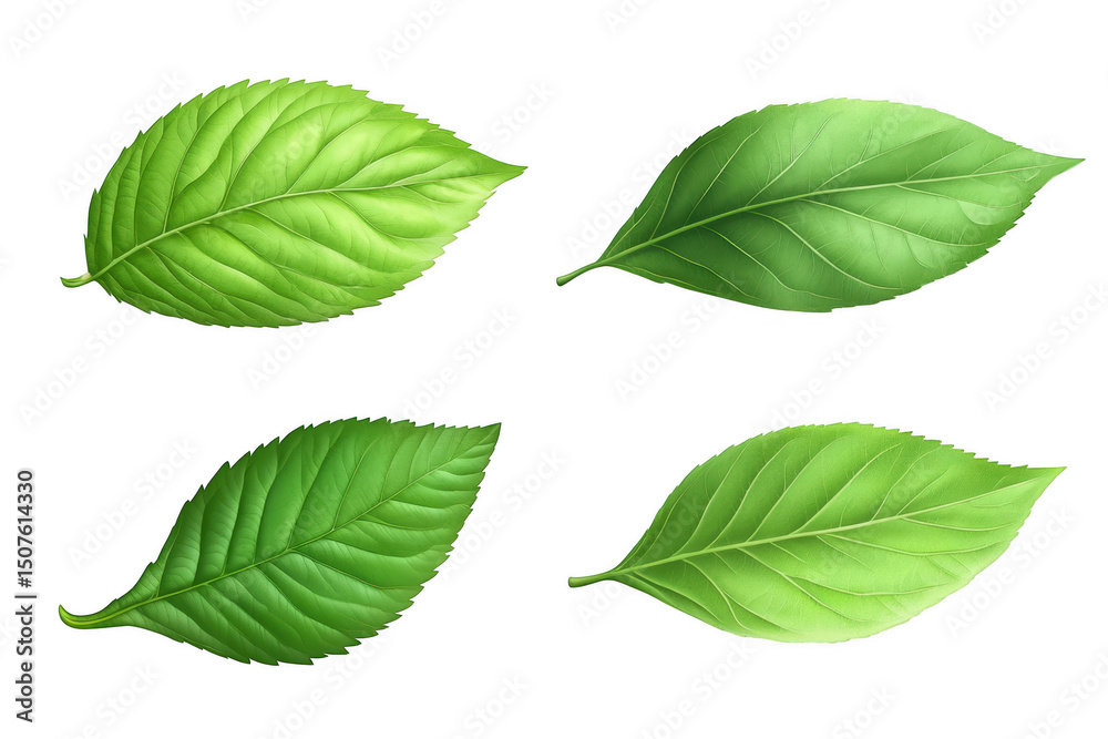 Fototapeta premium Four green leaves isolated on transparent background perfect for design projects