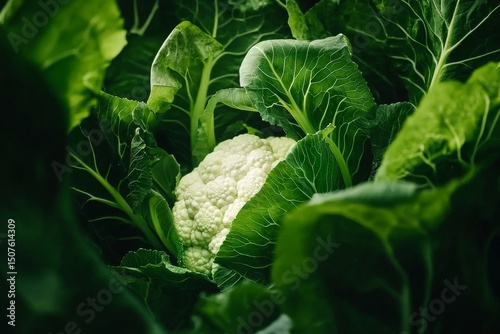 Fresh Cauliflower and Greens Displayed on Rustic Wooden Table in Natural Light