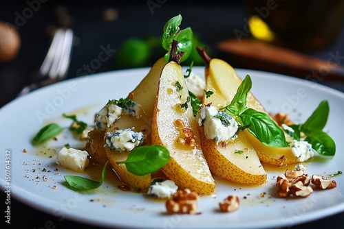 Sliced Pears With Blue Cheese, Walnuts, and Fresh Basil on a White Plate
