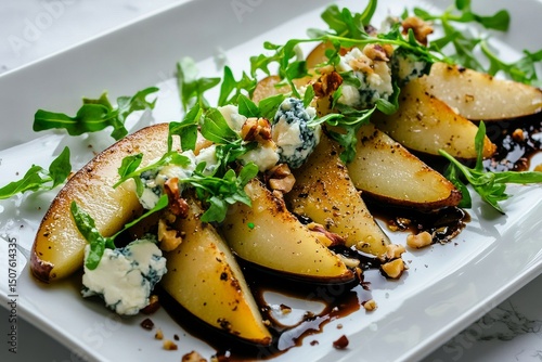 Sliced Pears Topped With Blue Cheese and Walnuts on a White Plate With Arugula