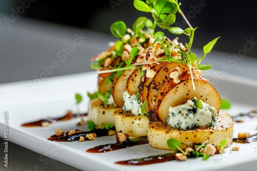 Sliced Pears With Blue Cheese, Walnuts, and Fresh Basil on a White Plate
