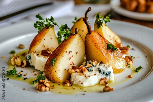 Sliced Pears Topped With Blue Cheese and Walnuts on a White Plate With Arugula