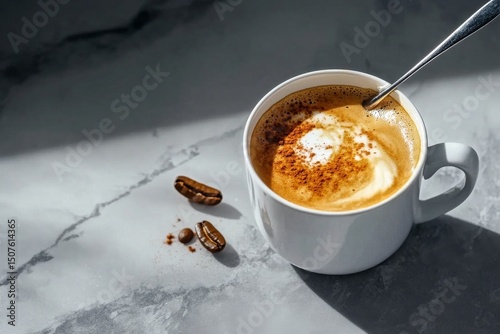 Delicious Cup of Coffee With Foam and Coffee Beans on a Marble Countertop in ...