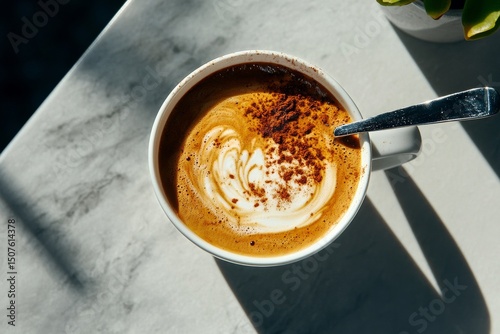 Delicious Cup of Coffee With Foam and Coffee Beans on a Marble Countertop in ...