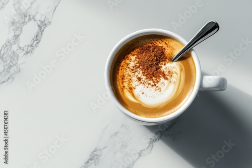 Creamy Cappuccino With Cinnamon on Marble Surface in Morning Light