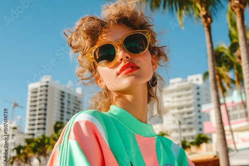 Young Woman Enjoys Sunny Day in Miami Wearing Stylish Sunglasses and Colorful...