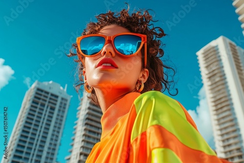 Young Woman Enjoys Sunny Day in Miami Wearing Stylish Sunglasses and Colorful...
