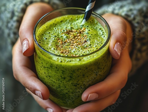 Hands Holding a Glass of Vibrant Green Smoothie Topped with Seeds photo